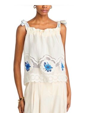 FARM Rio Cream Camisole with Blue Floral Embroidery